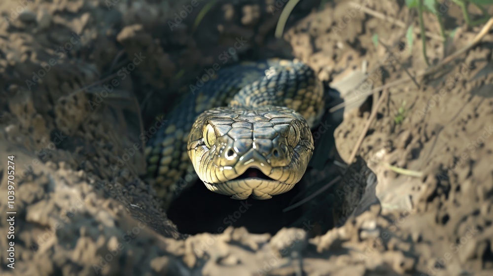 Naklejka premium a snake that was angry because it was trapped in a hole