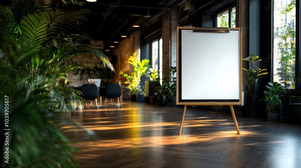 Fototapeta premium Blank whiteboard easel in a modern office space with plants and sunlight.