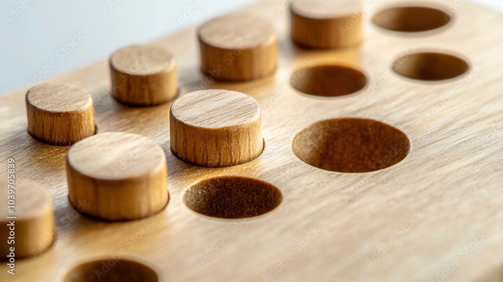 Wooden peg board with variously sized pegs set in a light, natural finish, showcasing a playful arrangement Wooden peg board with variously sized pegs set in a light, natural finish, showcasing a playful arrangement