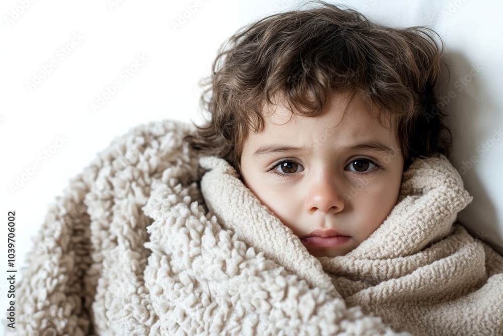 Sick child at home, depicting the challenges of child illness on solid white background Sick child at home, depicting the challenges of child illness on solid white background