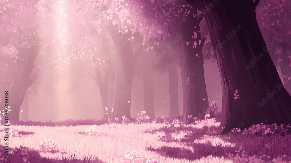 Fototapeta premium Magical Pink Forest with Sunbeams and Flowers