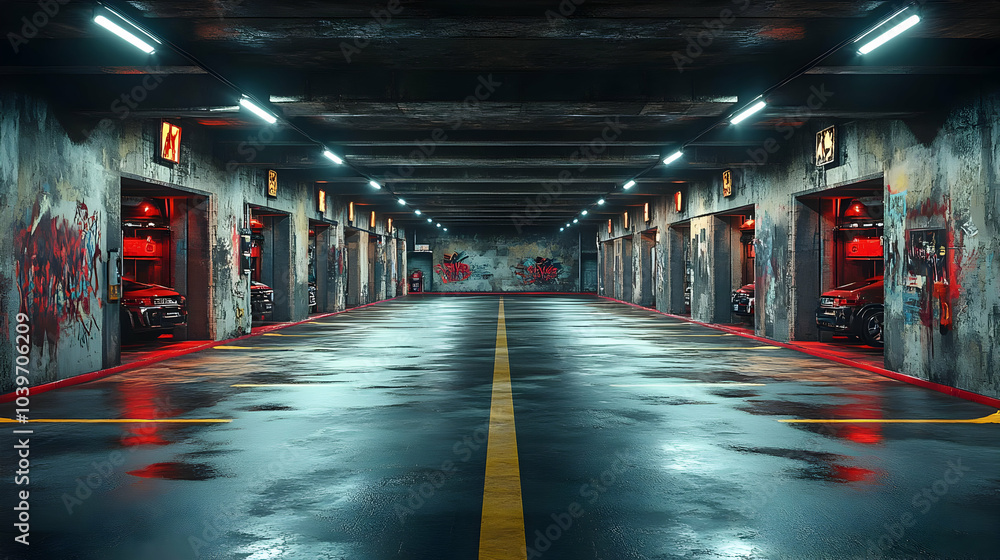 3D Illustration of a Dark and Abandoned Parking Garage 3D Illustration of a Dark and Abandoned Parking Garage