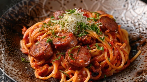 Whole sausage spicy rose pasta Pasta mixed with spicy rose sauce and topped with whole sausage photo