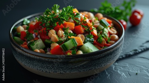 chick salad with almonds red pepper cucumber carrot parsley