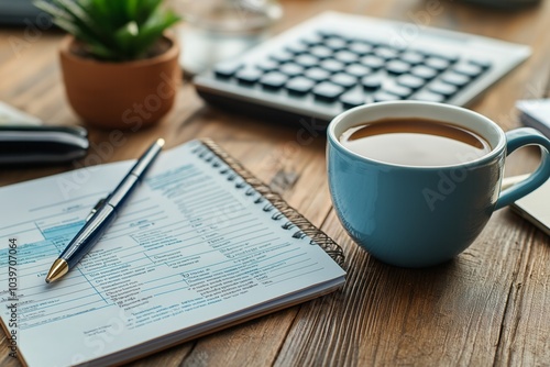 Accountant reviewing finances with coffee and calculator on desk photo