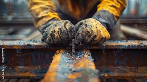 Close-up of a worker's hands in protective gloves, tightening a bolt on a railway track, showcasing industrial labor and maintenance. Selective focus, outdoor.