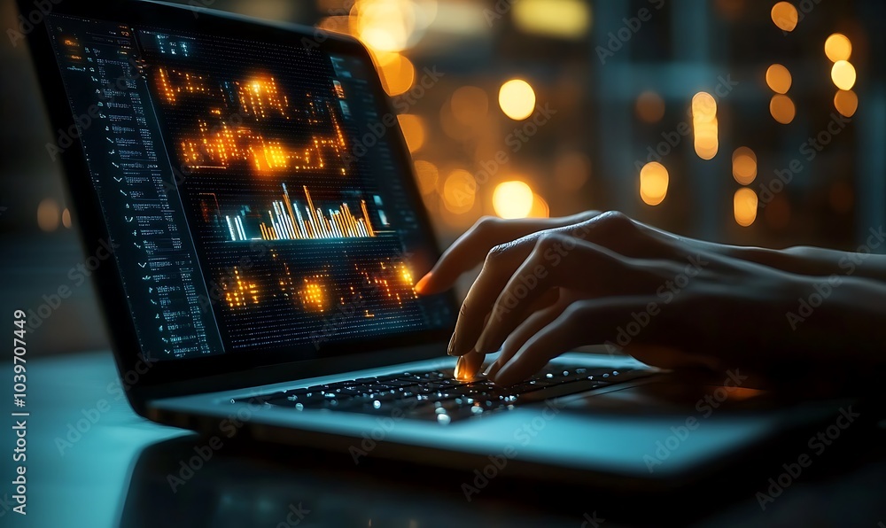 Businessperson Engaging in Digital Marketing Analytics on Laptop with Illuminated Data Visuals in Modern Workspace, Generative Ai Businessperson Engaging in Digital Marketing Analytics on Laptop with Illuminated Data Visuals in Modern Workspace, Generative Ai
