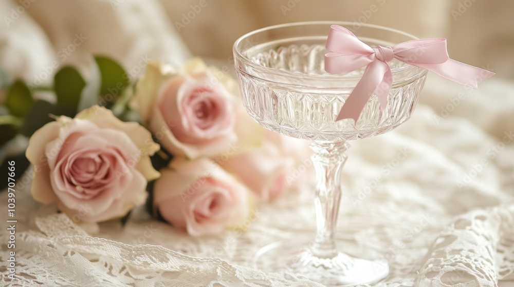 Elegant crystal glass with pink ribbon and roses on lace, highlighting delicate beauty and feminine charm, symbolizing girlhood and beauty lifestyle Elegant crystal glass with pink ribbon and roses on lace, highlighting delicate beauty and feminine charm, symbolizing girlhood and beauty lifestyle