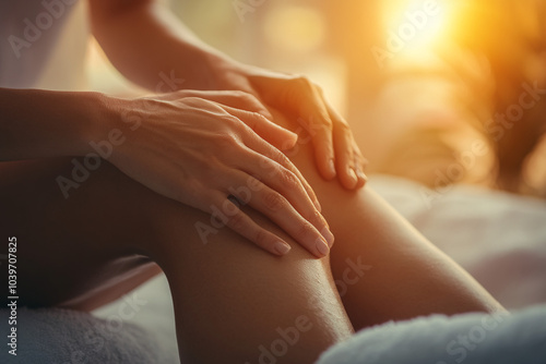 Wallpaper Mural Closeup of hands gently placed on legs illuminated by warm sunlight creating a serene and peaceful atmosphere in a relaxing setting
 Torontodigital.ca