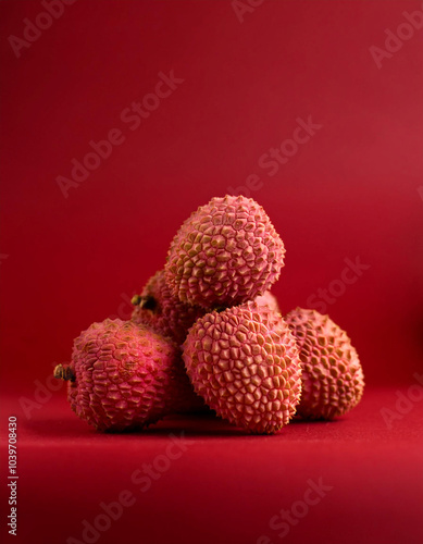  lychee isolated on soft red background