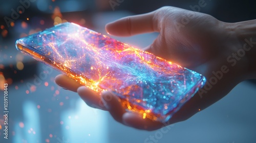 A hand holding a futuristic smartphone with futuristic holograms