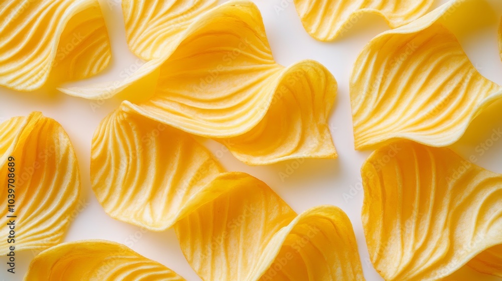A close-up shot of yellow potato chips arranged on a white background. A close-up shot of yellow potato chips arranged on a white background.