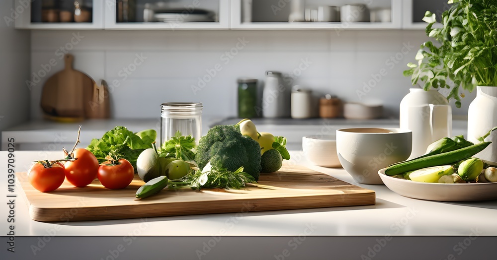 minimalist kitchen with sleek, white cabinetry and a marble countertop, featuring a single wooden cutting board with freshly cut vegetables minimalist kitchen with sleek, white cabinetry and a marble countertop, featuring a single wooden cutting board with freshly cut vegetables
