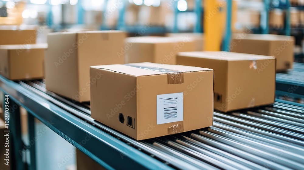 Cardboard Boxes on Conveyor Belt in Warehouse Setting Cardboard Boxes on Conveyor Belt in Warehouse Setting