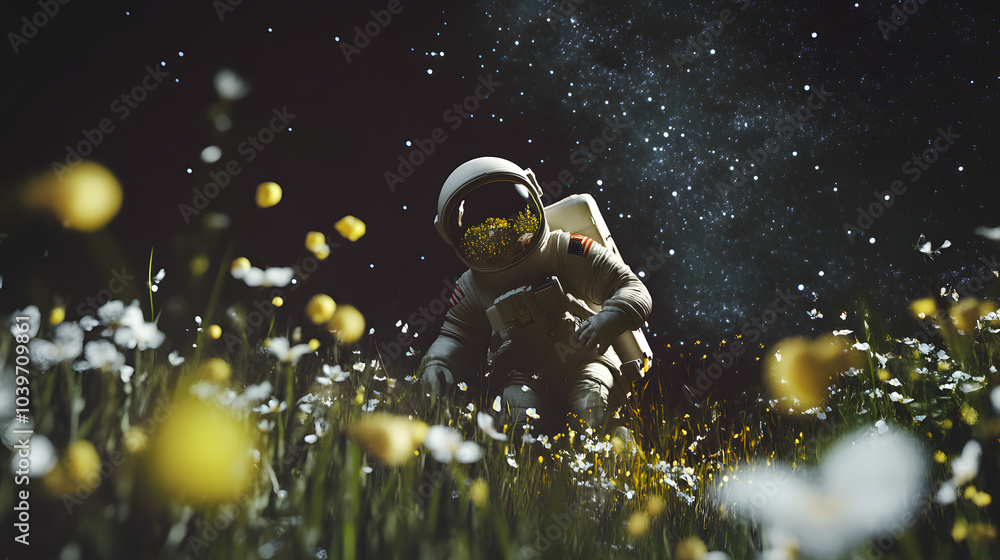 Astronaut crouched in a field of glowing alien flowers, surrounded by a star-filled sky, symbolizing exploration and discovery in extraterrestrial nature. Astronaut crouched in a field of glowing alien flowers, surrounded by a star-filled sky, symbolizing exploration and discovery in extraterrestrial nature.