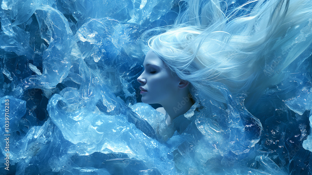 Woman submerged in blue, icy textures with flowing white hair. Woman submerged in blue, icy textures with flowing white hair.