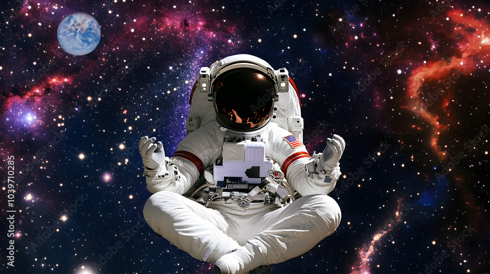 Astronaut in a meditative pose, floating in a colorful galaxy with Earth in the background, blending themes of mindfulness and space exploration. Astronaut in a meditative pose, floating in a colorful galaxy with Earth in the background, blending themes of mindfulness and space exploration.