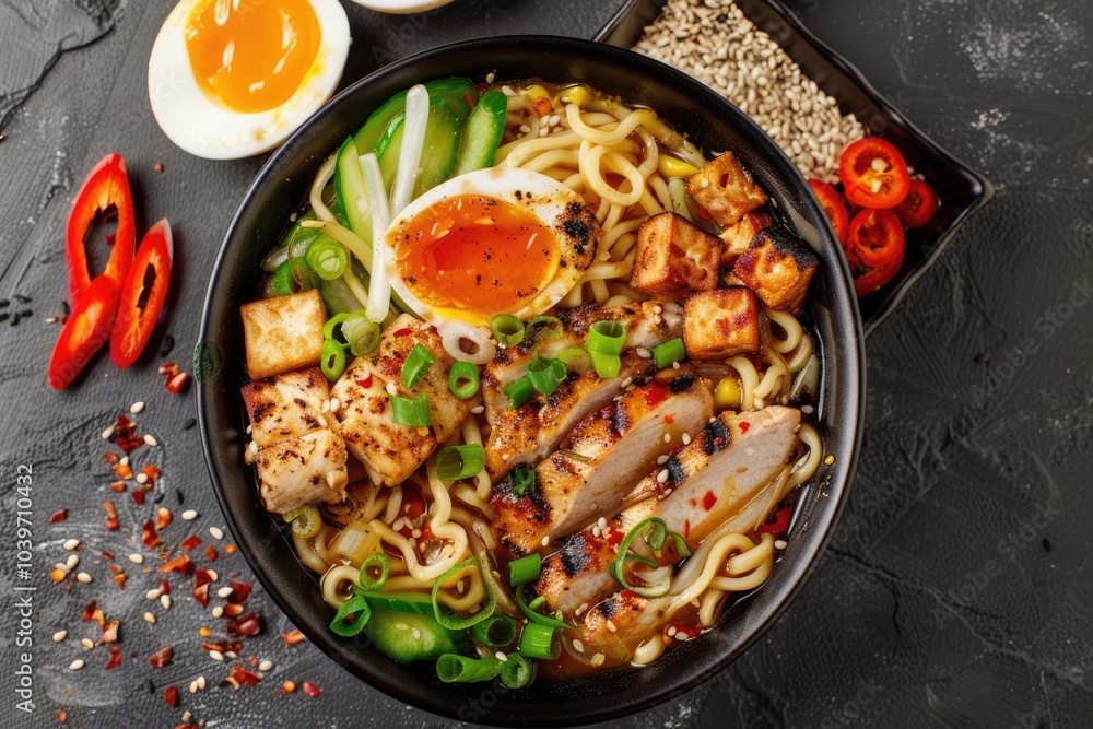 Asian Ramen Soup with Chicken Tofu Vegetables Egg Asian Ramen Soup with Chicken Tofu Vegetables Egg