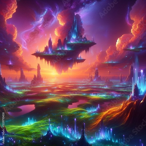 Fantasy Landscape with Floating Island, Vibrant Crystals, and Glowing Sunset Sky – Surreal Sci-Fi Environment photo