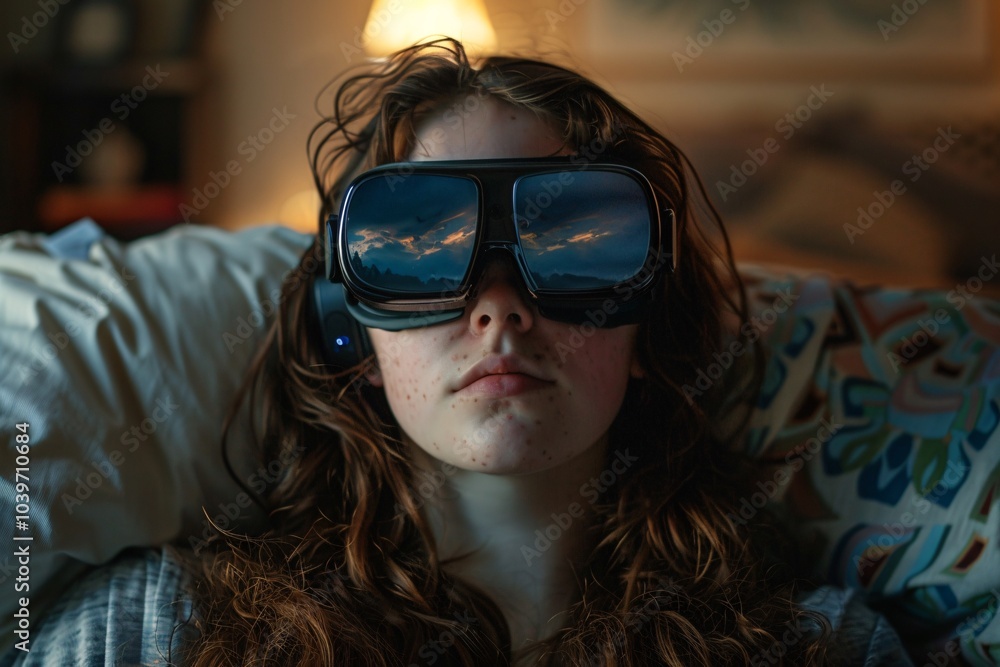 A person with curly hair is deeply engaged in a virtual reality experience at home. The ambient light creates a cozy atmosphere as they explore new digital worlds A person with curly hair is deeply engaged in a virtual reality experience at home. The ambient light creates a cozy atmosphere as they explore new digital worlds