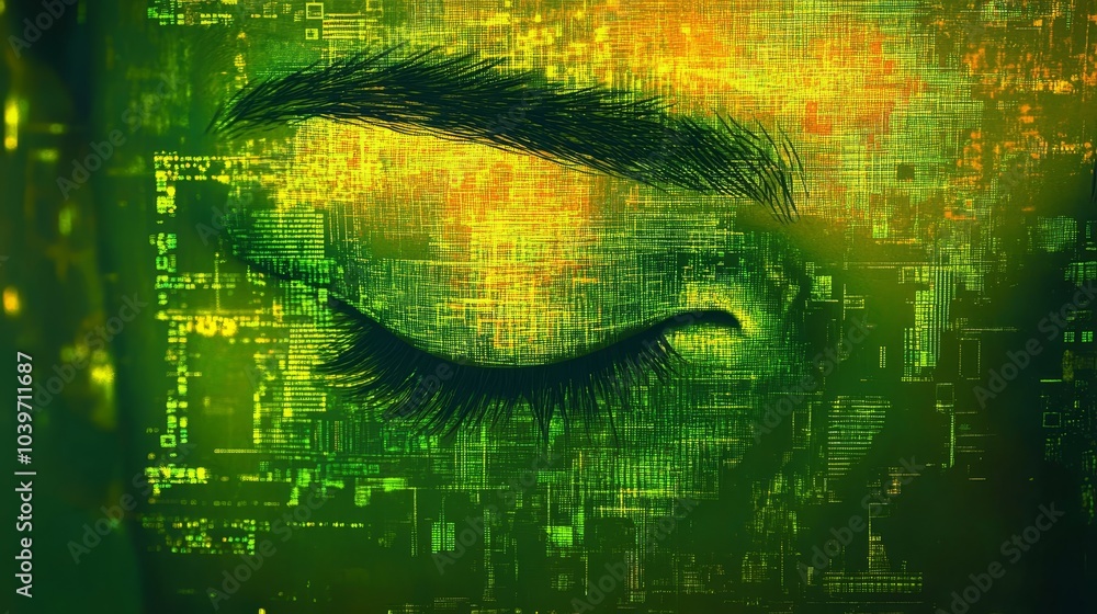 Close-up of woman's face against green backdrop, adorned with yellow and green square motifs Close-up of woman's face against green backdrop, adorned with yellow and green square motifs