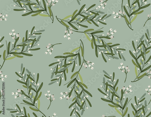 Trendy Seamless pattern with Christmas botanical plants, flowers aand snow Vector Illustration Not Ai