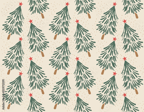 Season Greeting Hand drawn Christmas seamless pattern, pine trees, stars, snow,  Vector illustration.Not Ai
