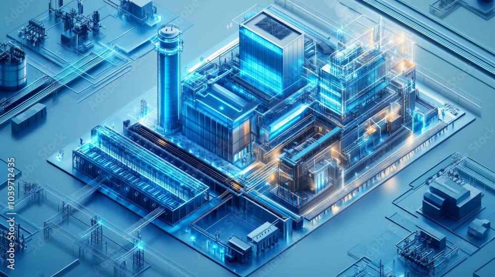 Axonometric drawing of the concept of a high-tech smart factory Axonometric drawing of the concept of a high-tech smart factory