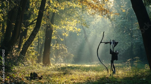 An adventurous archery setup in a tranquil forest glade, Archery equipment elegantly displayed, Naturalistic outdoor style photo