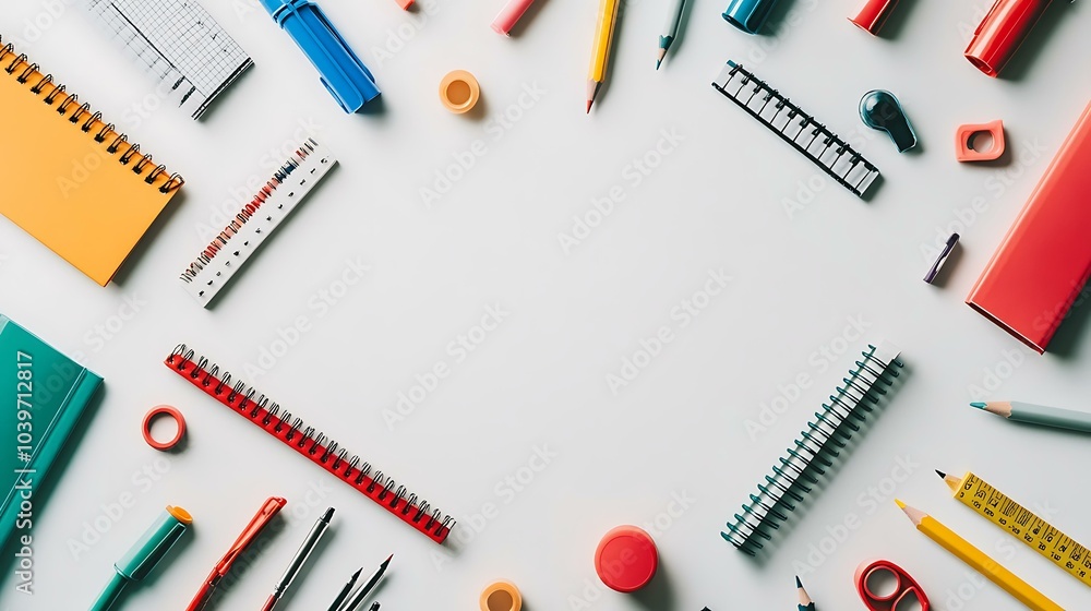A variety of colorful school supplies, including pencils, markers, notebooks, and rulers arranged around the edges of the image with a clean white space in the center for text A variety of colorful school supplies, including pencils, markers, notebooks, and rulers arranged around the edges of the image with a clean white space in the center for text