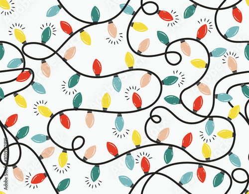 Cute Christmas lights seamless pattern,  light bulbs on a string for Xmas , Vector illustration Not Ai