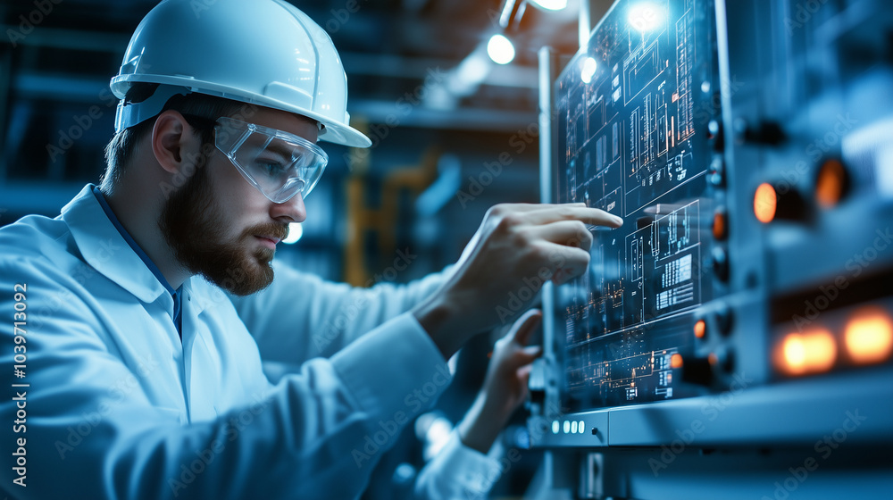 Two engineers in white hard hats and safety glasses closely examining the control panel of a large industrial machine, with bright factory lights illuminating the modern machinery Two engineers in white hard hats and safety glasses closely examining the control panel of a large industrial machine, with bright factory lights illuminating the modern machinery