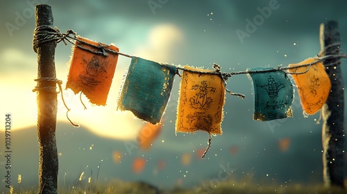 Ethereal glowing mesh outlines surrounding fluttering prayer flags as they dance in the wind creating a serene and meditative atmosphere
