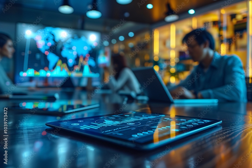In a contemporary office space, a team of professionals engages in a brainstorming session while utilizing various digital devices In a contemporary office space, a team of professionals engages in a brainstorming session while utilizing various digital devices