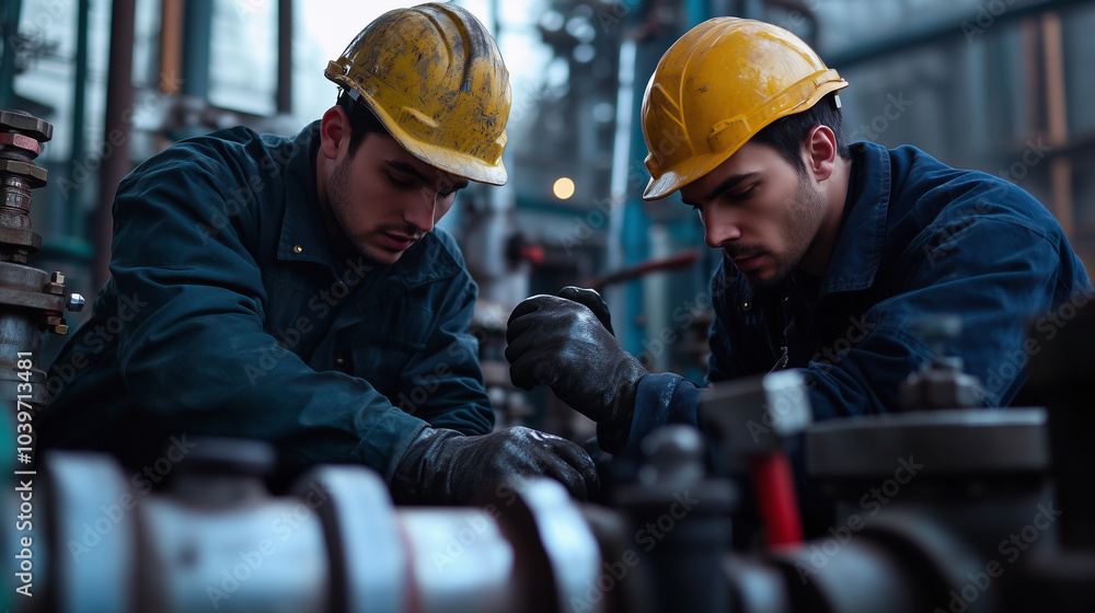 Engineers working on maintenance of a hydraulic system, with the metal piping and fluid pumps providing a dynamic backdrop to their hands-on inspection. Engineers working on maintenance of a hydraulic system, with the metal piping and fluid pumps providing a dynamic backdrop to their hands-on inspection.