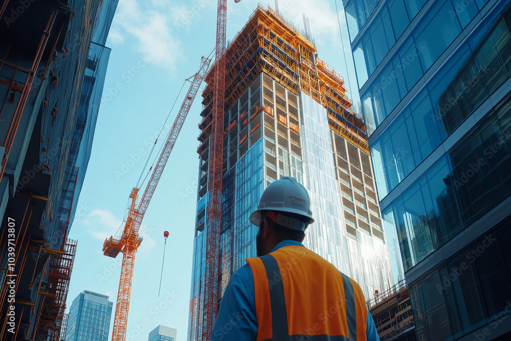 Construction worker wearing a hard hat and safety vest observes a high-rise building under construction, surrounded by cranes and glass-covered skyscrapers. Construction worker wearing a hard hat and safety vest observes a high-rise building under construction, surrounded by cranes and glass-covered skyscrapers.