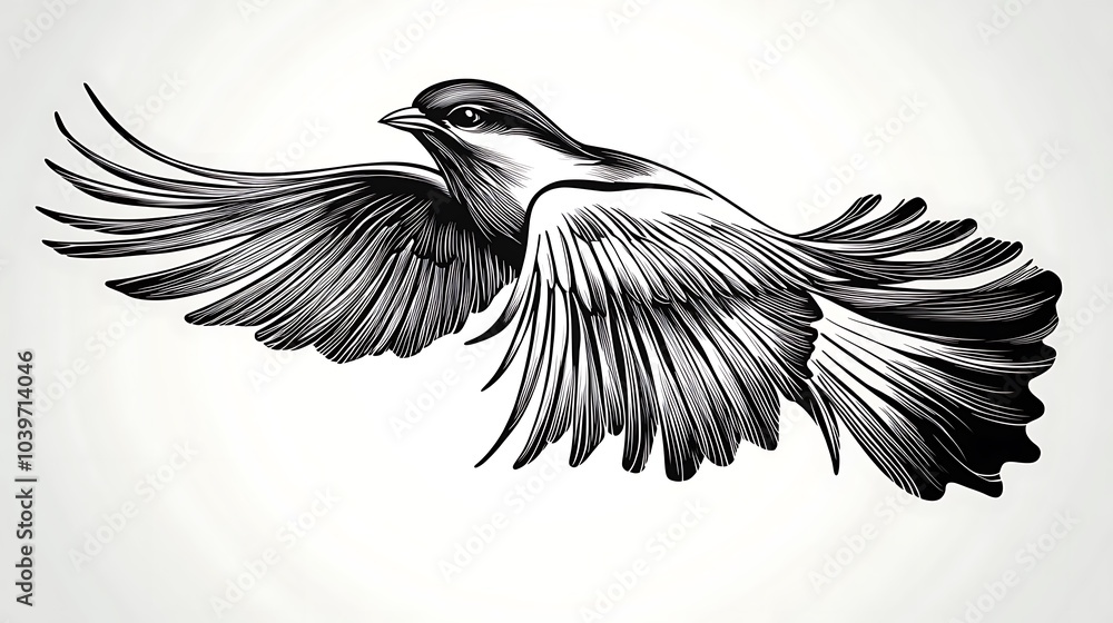 Naklejka premium Elegant minimalist sketch of a bird in flight, wings spread wide, minimalist style on a white background, flowing linework capturing grace and serenity, hd quality, natural look, smooth strokes.