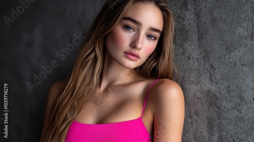  A beautiful young woman in a pink top poses confidently for a photo, hands on hips, gazing directly into the camera