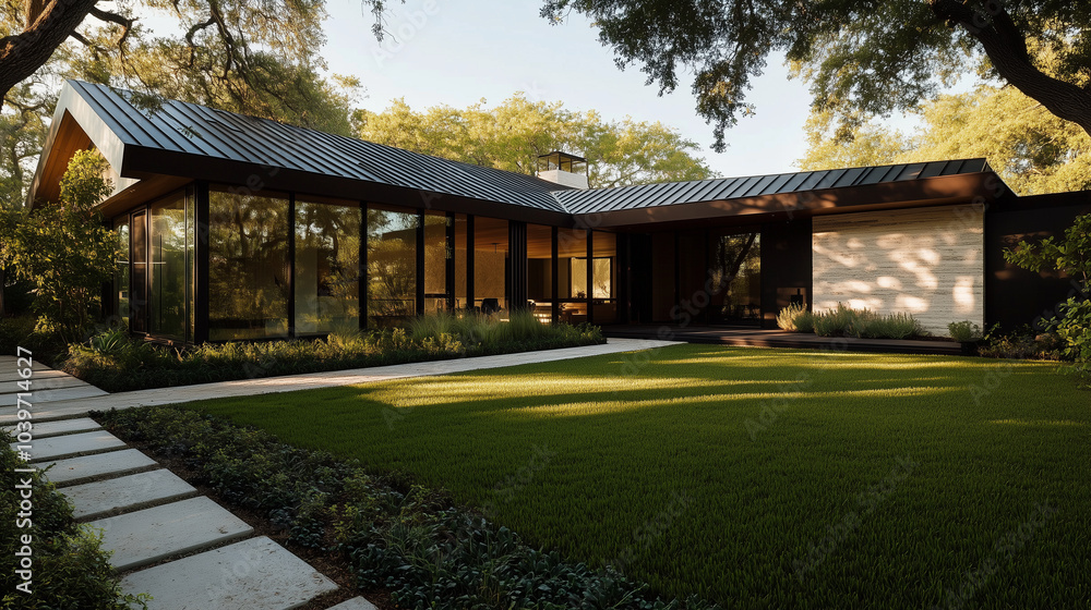 A wide-angle shot of a minimalist modern house with a corrugated metal roof, blending into the natural surroundings, showcasing the roof's durability and contemporary style. A wide-angle shot of a minimalist modern house with a corrugated metal roof, blending into the natural surroundings, showcasing the roof's durability and contemporary style.