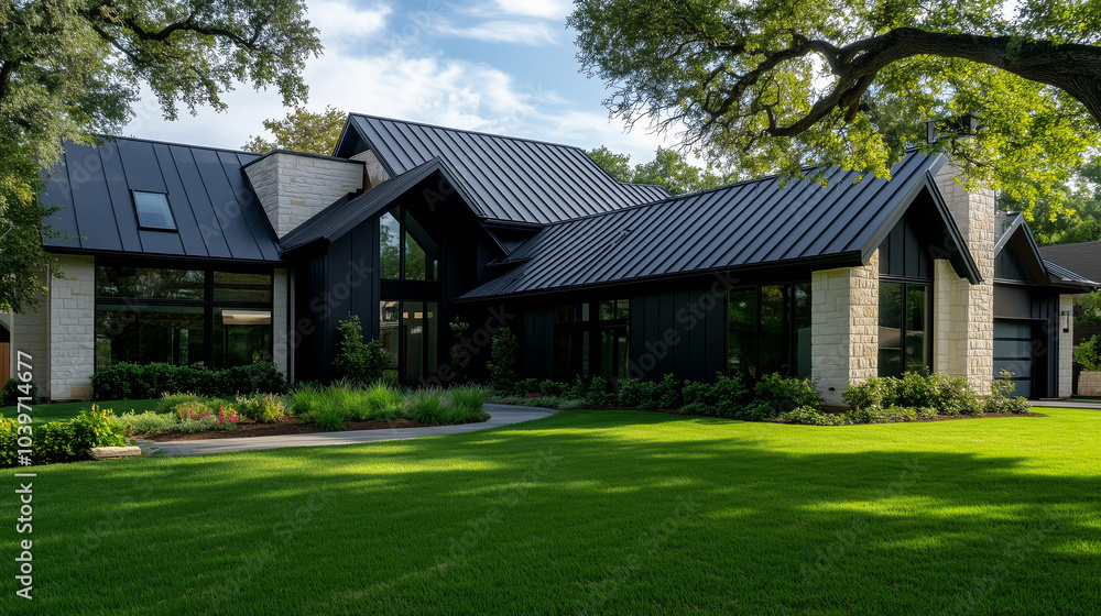 A side view of a modern home with a dark-colored corrugated metal roof, featuring seamless gutters and clean architectural lines, evoking a sense of sleek design and functionality. A side view of a modern home with a dark-colored corrugated metal roof, featuring seamless gutters and clean architectural lines, evoking a sense of sleek design and functionality.