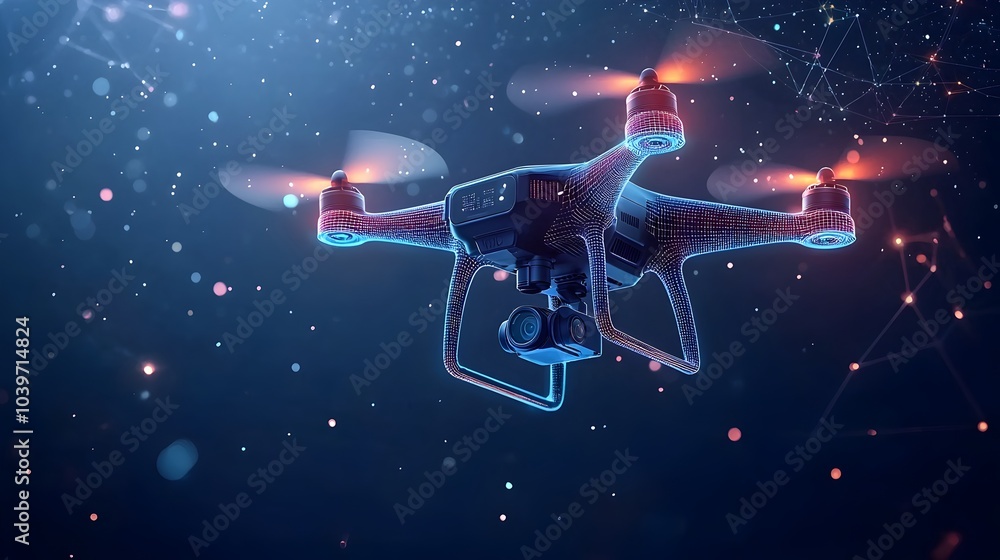 Futuristic glowing mesh drone with neon propellers spinning and hovering in dynamic abstract and surreal motion showcasing innovative technology and digital energy Futuristic glowing mesh drone with neon propellers spinning and hovering in dynamic abstract and surreal motion showcasing innovative technology and digital energy