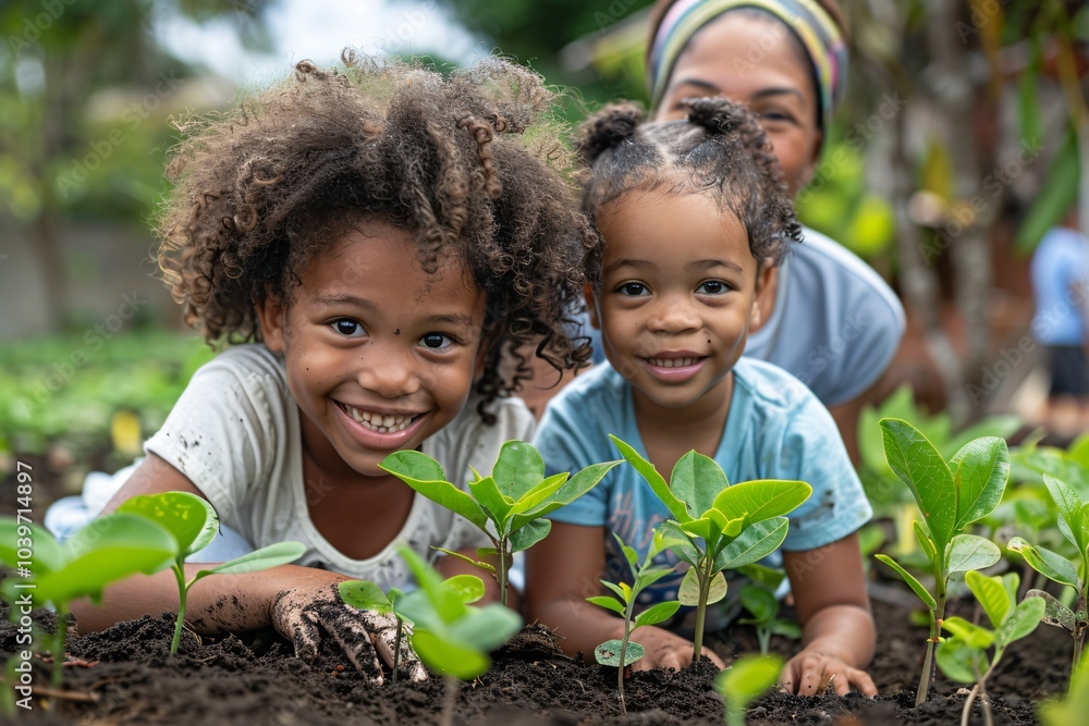 Two cheerful children are planting seedlings in a garden, hands covered in soil. Their smiles reflect their joy while an adult supervises from behind, all enjoying the sunny day together Two cheerful children are planting seedlings in a garden, hands covered in soil. Their smiles reflect their joy while an adult supervises from behind, all enjoying the sunny day together