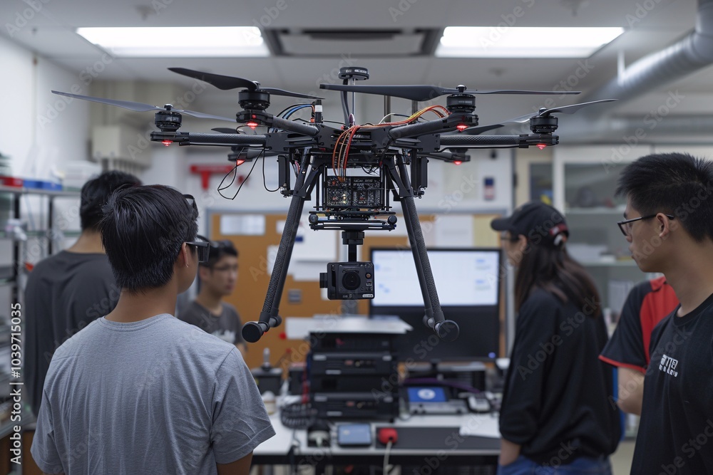A group of students watches intently as a drone hovers above a workbench in a technology lab, showcasing its capabilities and the advancements in aerial technology during a hands-on workshop A group of students watches intently as a drone hovers above a workbench in a technology lab, showcasing its capabilities and the advancements in aerial technology during a hands-on workshop
