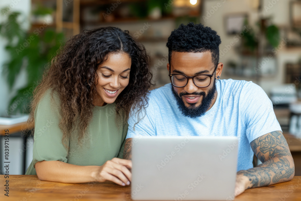 Focused Couple Collaborating on Laptop Focused Couple Collaborating on Laptop