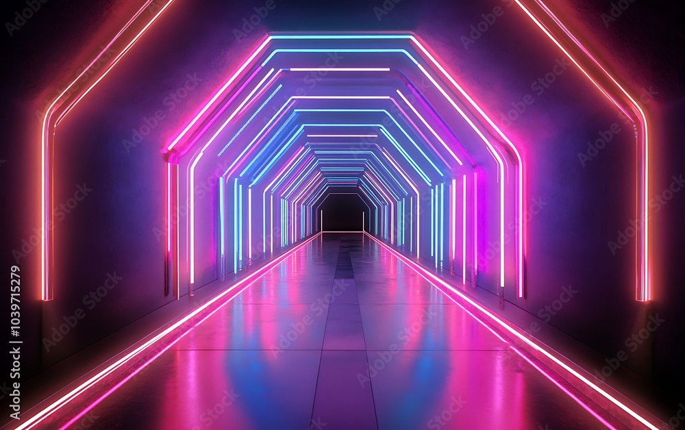 Dark tunnel with glowing neon lines, 3d rendering, Generative Ai Dark tunnel with glowing neon lines, 3d rendering, Generative Ai