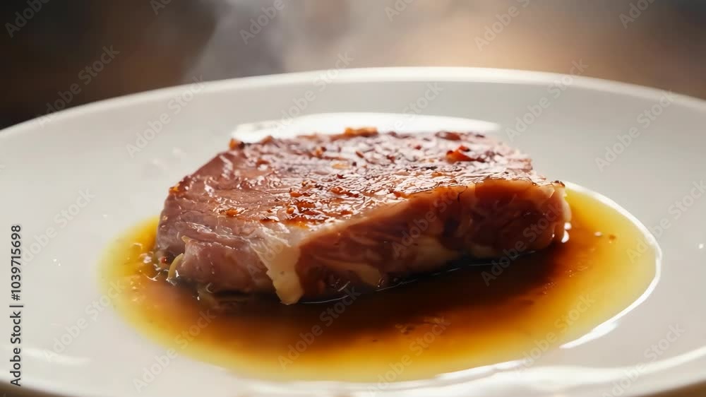 Juicy cooked steak on plate with aromatic sauce and steam Juicy cooked steak on plate with aromatic sauce and steam