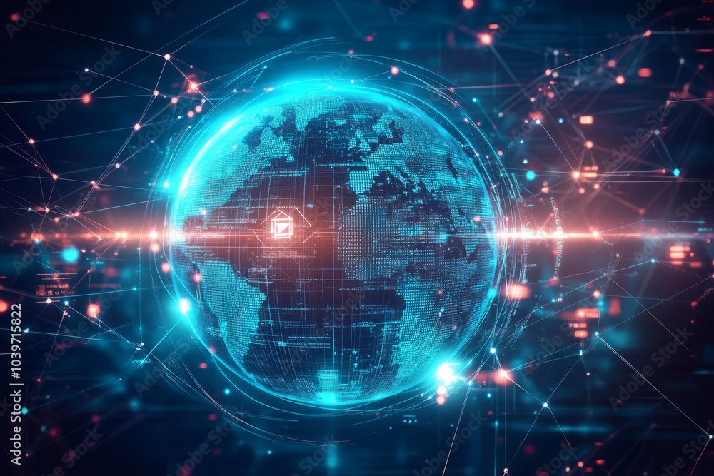 Obraz premium futuristic digital cover featuring a glowing global network with interconnected nodes.