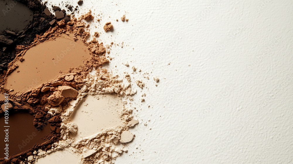 A top-down view of beige, brown, and gold crushed eyeshadow powders, artfully smeared on a white canvas, capturing the richness and depth of the makeup textures. A top-down view of beige, brown, and gold crushed eyeshadow powders, artfully smeared on a white canvas, capturing the richness and depth of the makeup textures.