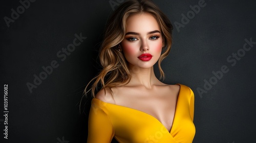  A beautiful woman in a yellow dress poses for a photo, her hands on her hips, with a red lipstick mark on one cheek