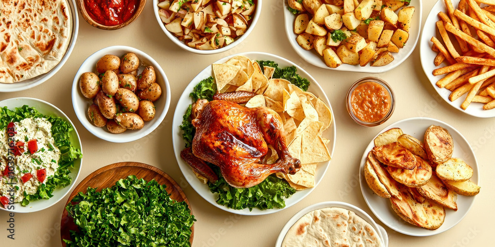 A table full of food including a large chicken, potatoes A table full of food including a large chicken, potatoes